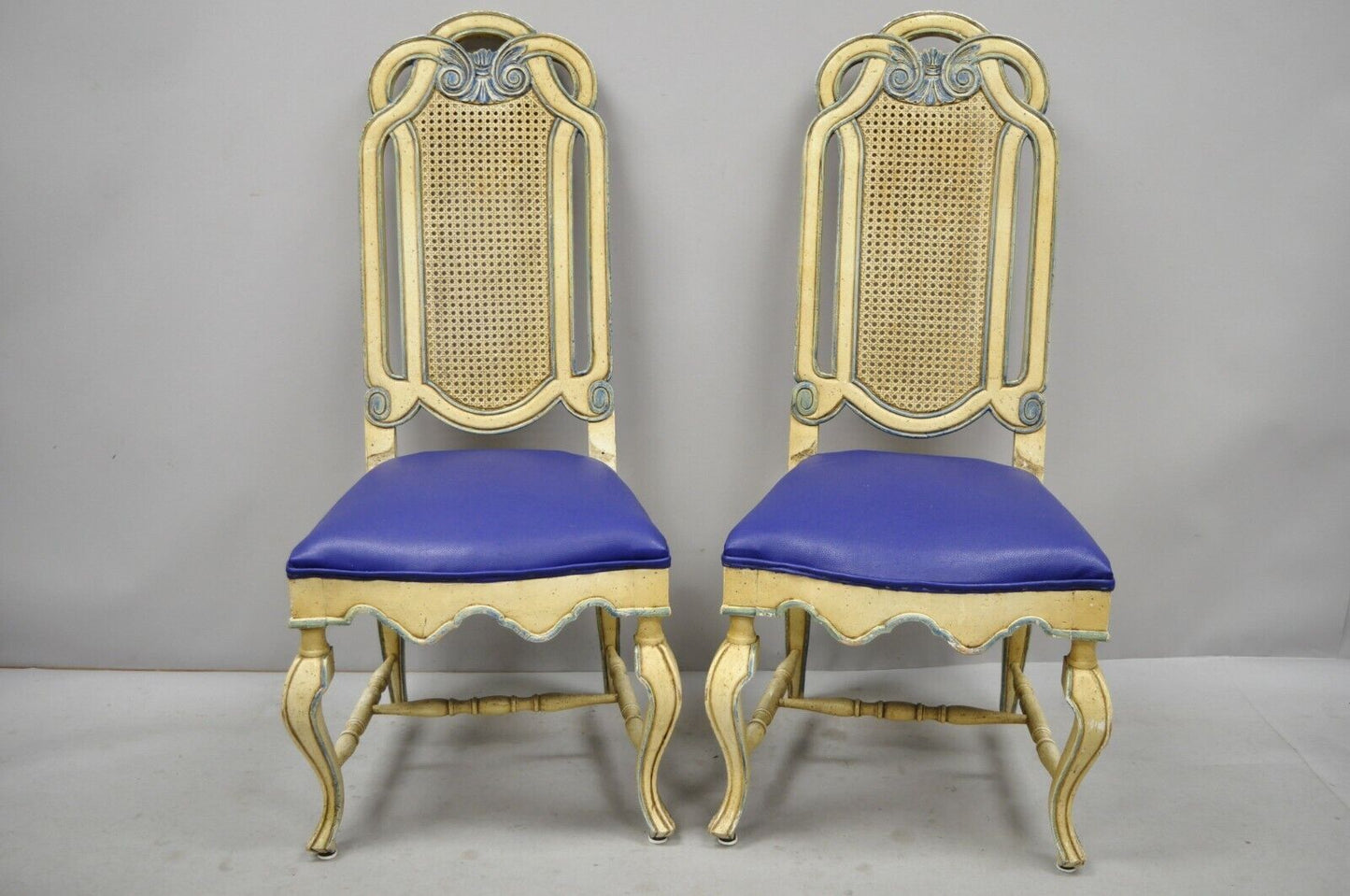 Set of 6 Vintage French Hollywood Regency Style Cane Pretzel Back Dining Chairs