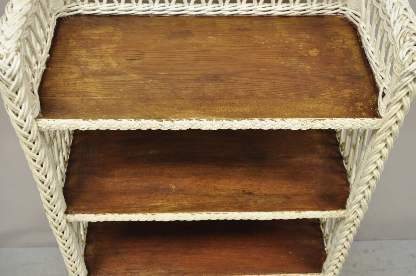 Antique American Victorian White Wicker 5 Shelf Bookcase Curio Display Stand