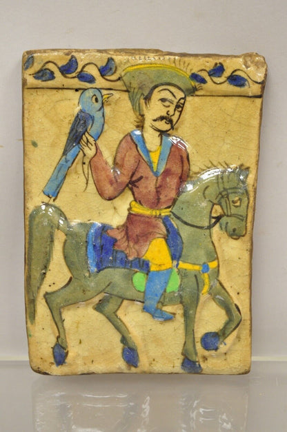 Antique Persian Iznik Qajar Style Ceramic Pottery Tile Horse Rider Blue Bird C5