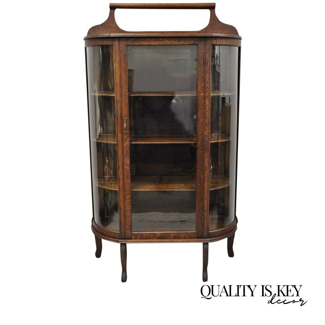 Antique American Victorian Oak Wood Curved Glass China Display Cabinet