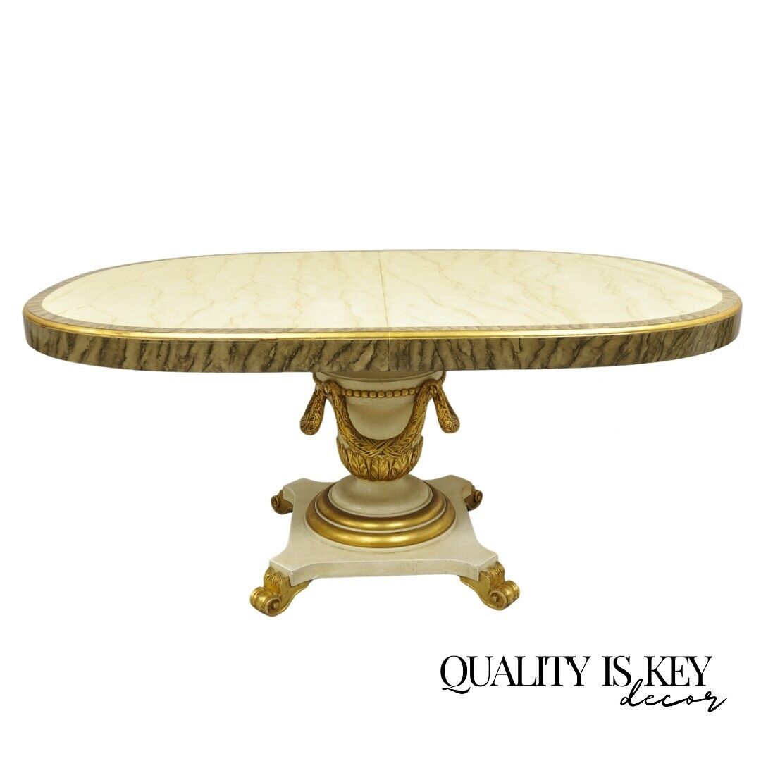 Italian Regency Cream & Gold Gilt Lacquered Urn Pedestal Dining Table - 3 Leaves