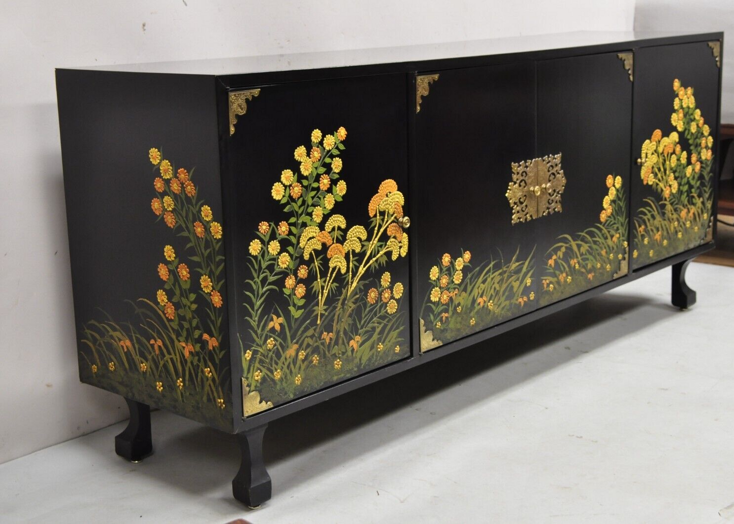 Vintage Chinoiserie Black Lacquer Hand Painted Floral Credenza Cabinet Sideboard