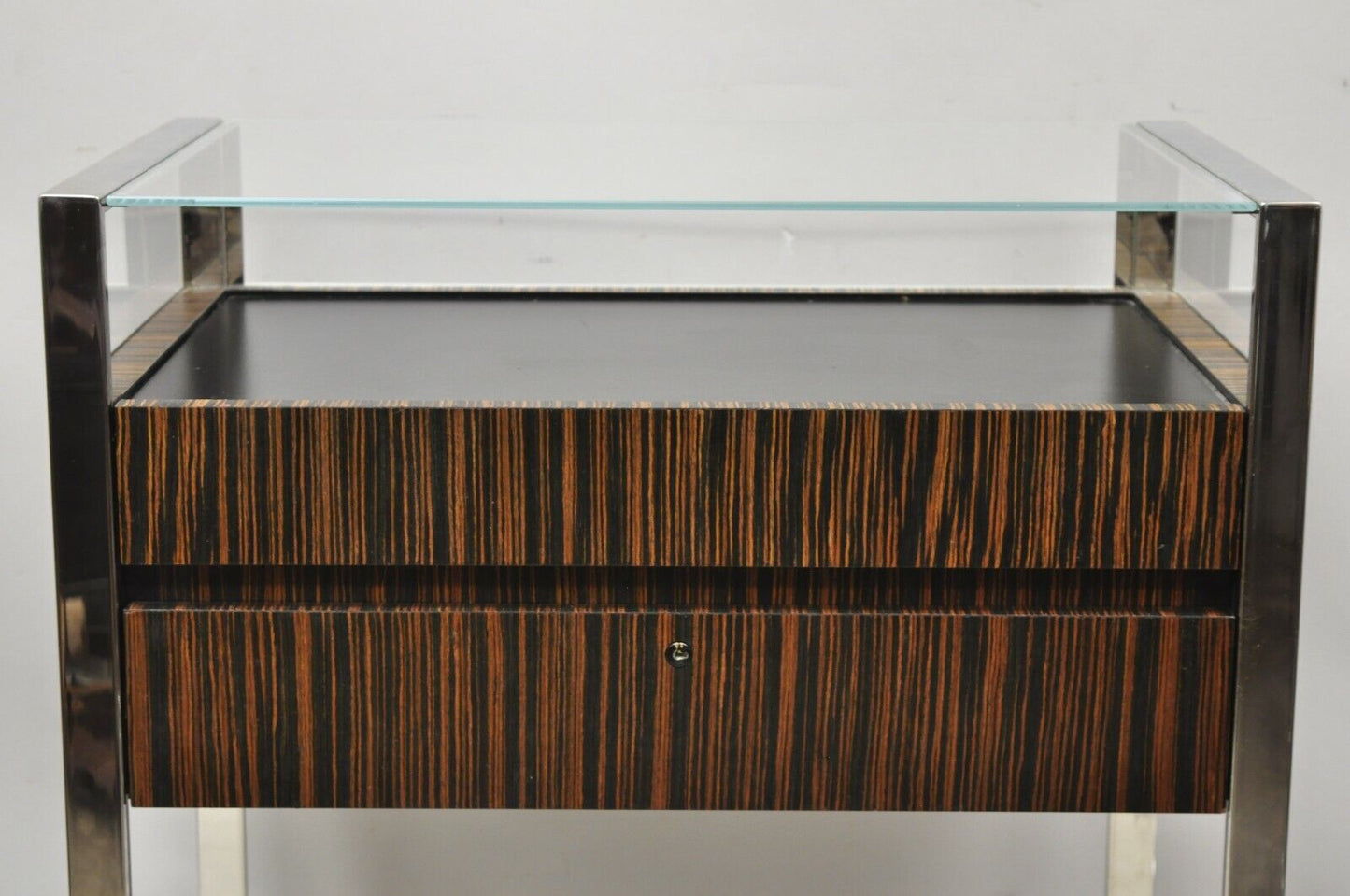 Modern Zebra Wood Chrome Glass Jewelry Closet Display Counter Case with Drawer