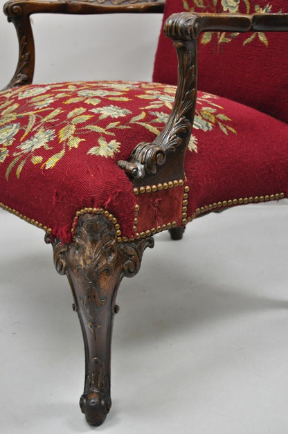 Antique Georgian Floral Needlepoint Carved Mahogany Fireside Lounge Arm Chair