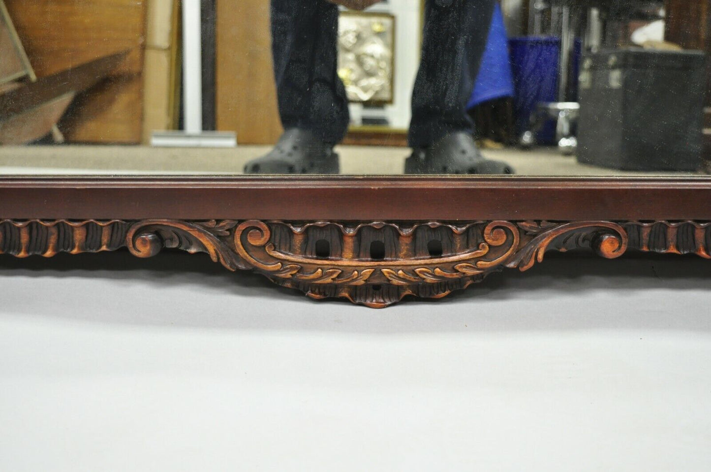 Antique Chinese Chippendale Style Fretwork Carved Mahogany Wall Mirror