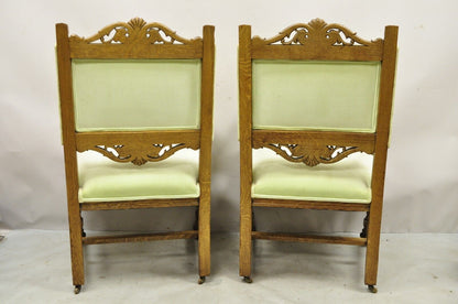 Antique Italian Renaissance Carved Oak Wood Lion Head Paw Feet Arm Chairs - Pair