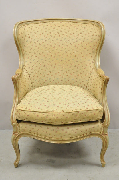 French Provincial Louis XV Style Green Finish Wingback Lounge Chair & Ottoman