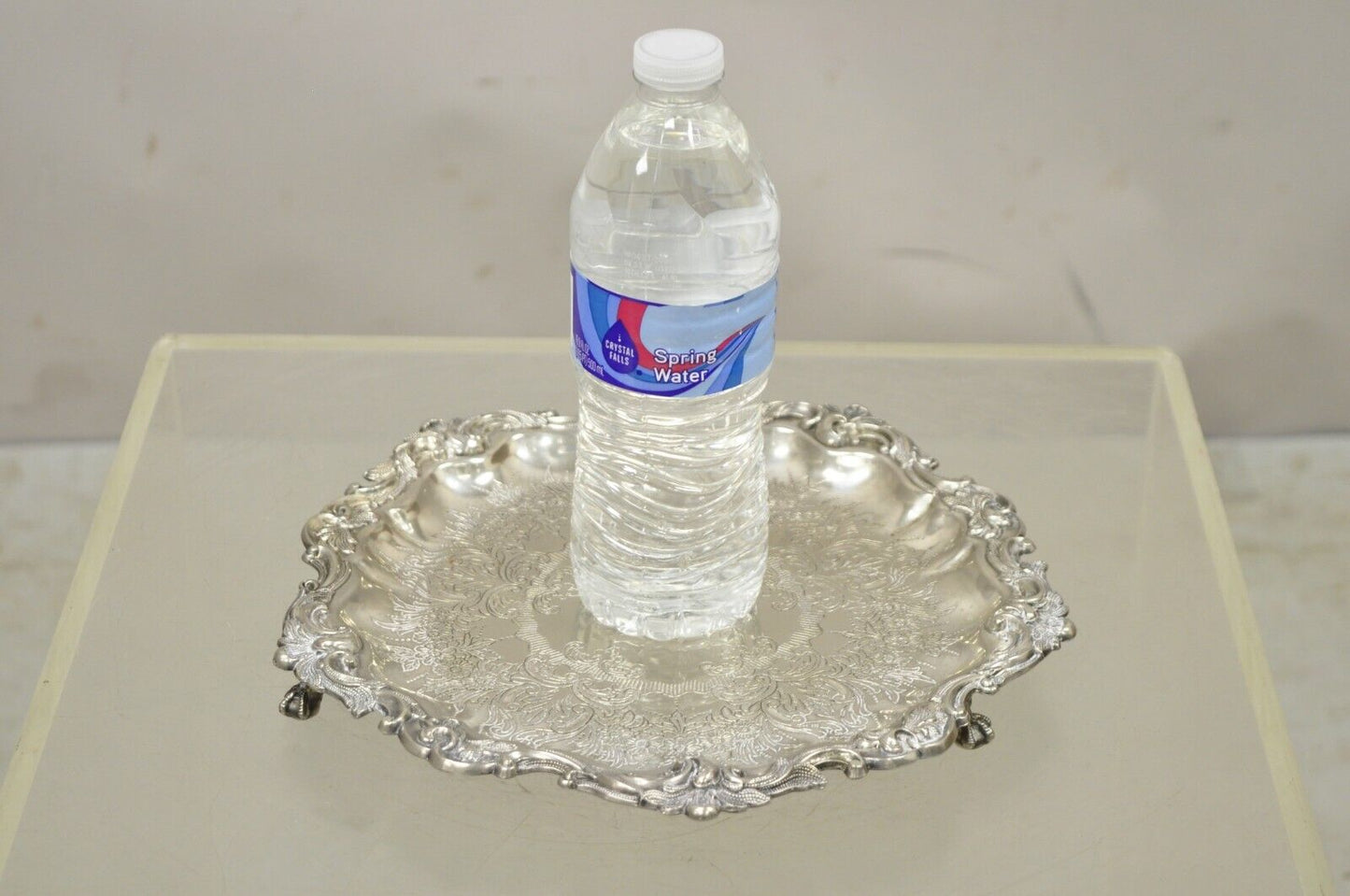 Victorian Silver Plated Small Scalloped Round Serving Platter Tray on Feet