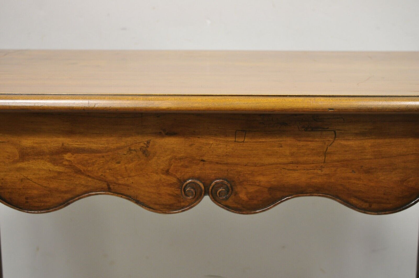 Antique Italian Provincial Carved Distressed Cherry Saber Leg Desk Console Table