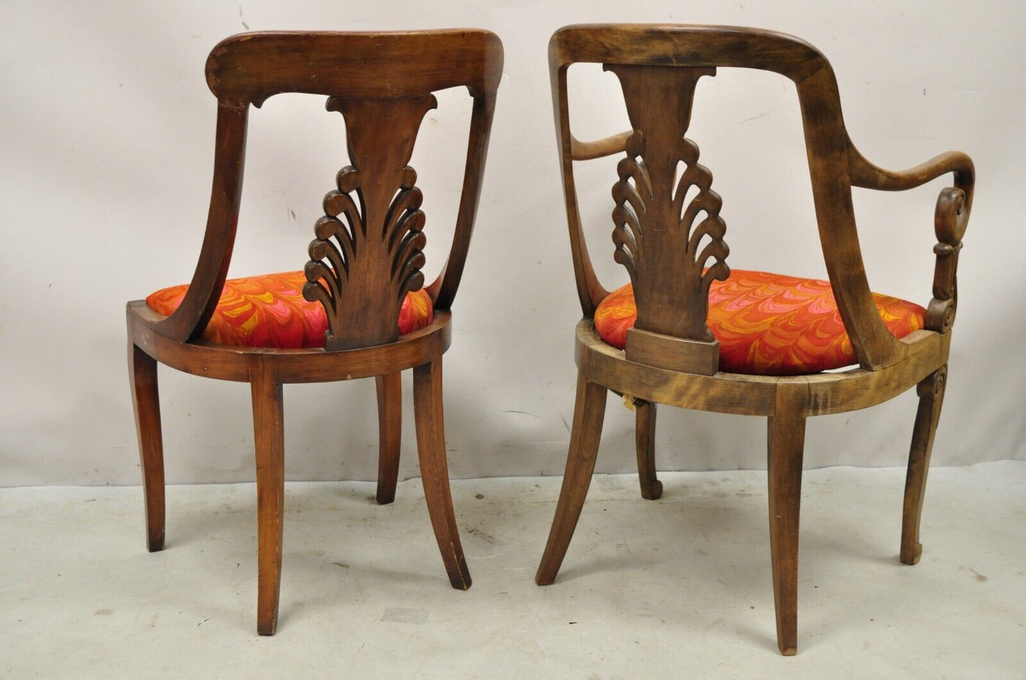 Vintage Regency Style Plume Carved Walnut Saber Leg Dining Chairs - Set of 6