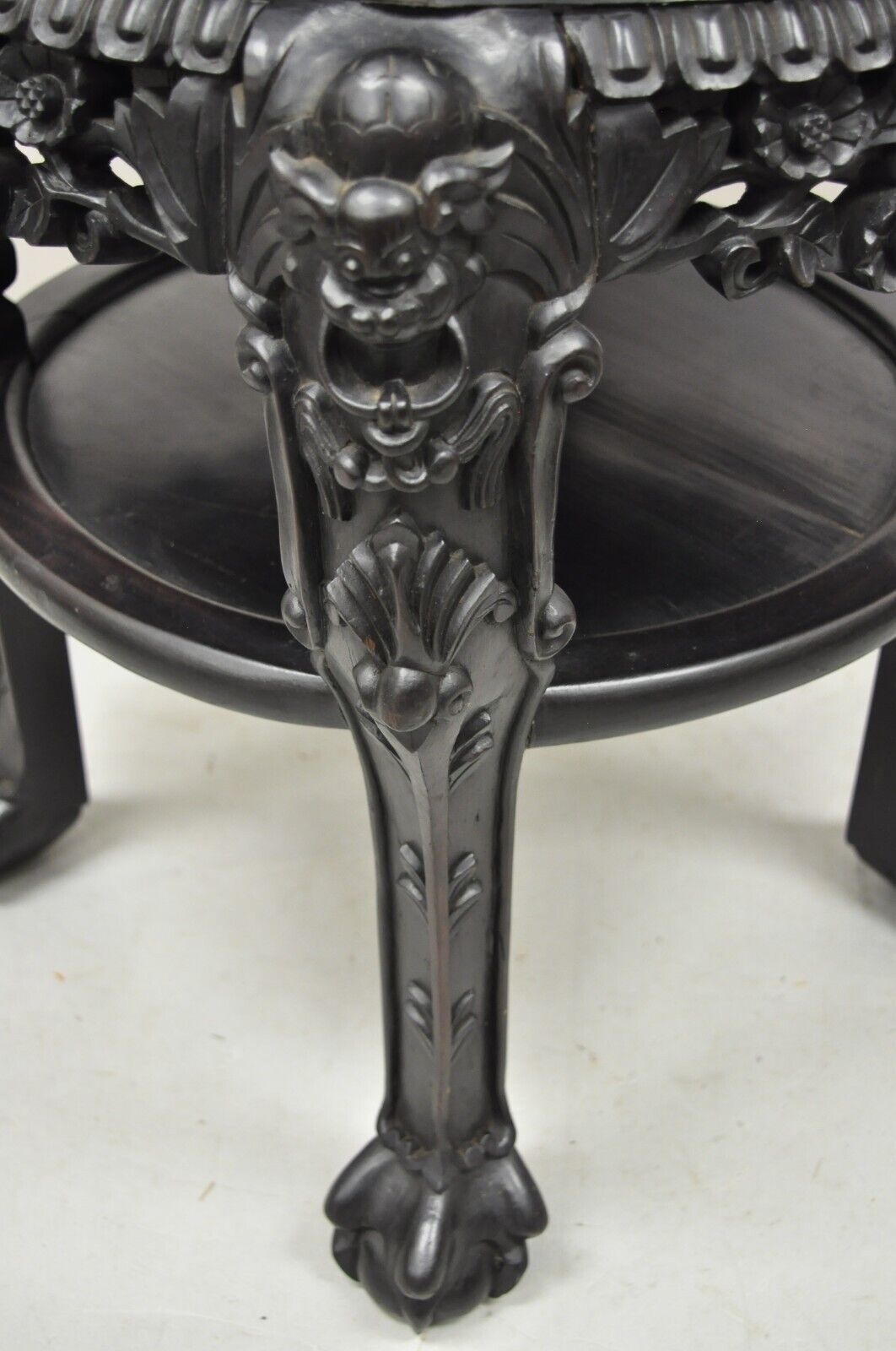 Antique Oriental Chinese Carved Hardwood Marble Top Foo Dog Side Table