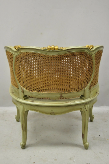 Antique French Louis XV Victorian Distressed Green Gold Gilt Cane Bergere Chair