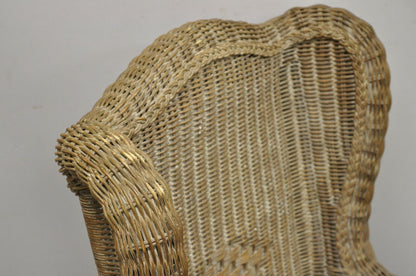 Large Woven Wicker Rattan Victorian Style Wingback Lounge Arm Chair