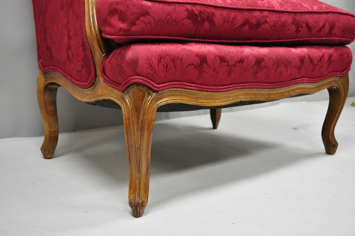 French Country Louis XV Style Carved Mahogany Burgundy Wingback Settee Sofa