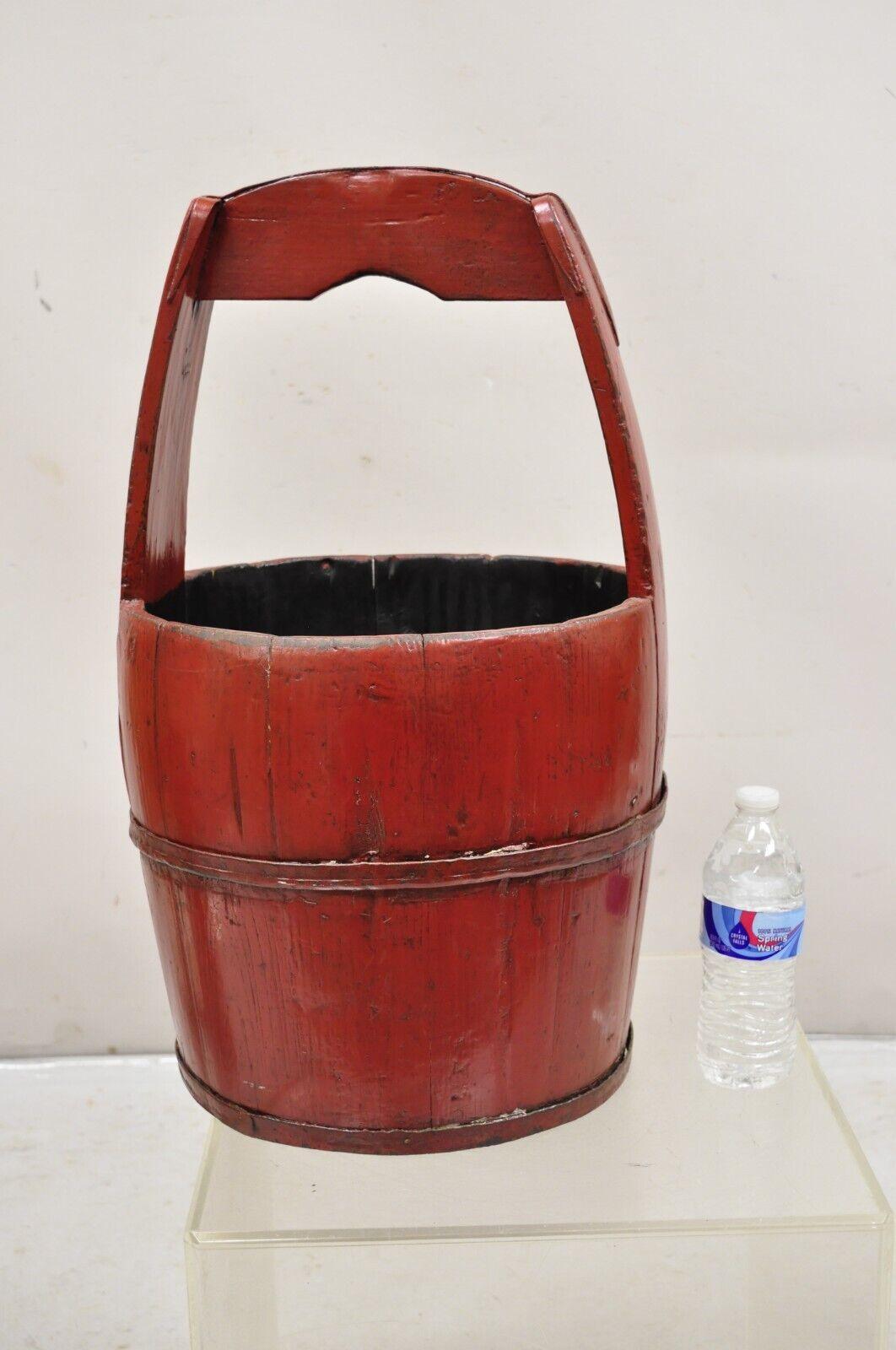 Vintage Rustic Primitive Chinese Wooden Red Painted Water Bucket with Handle