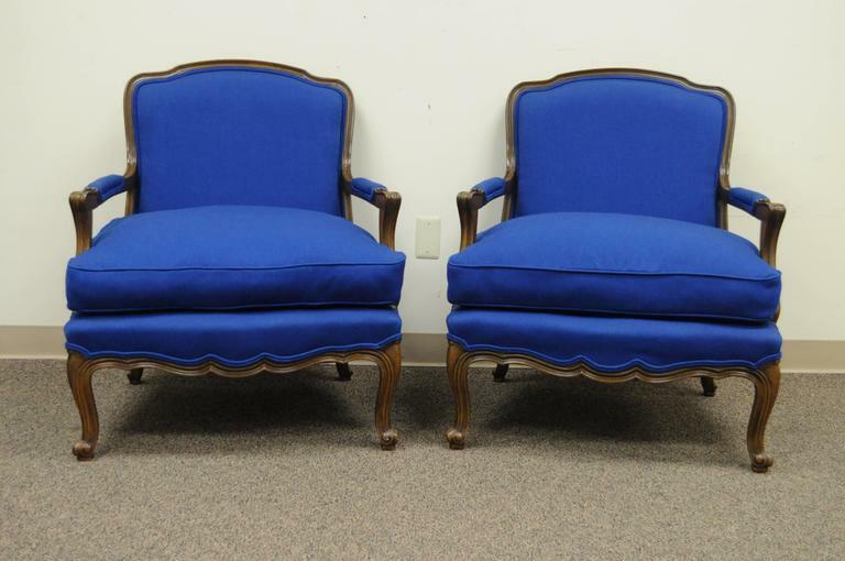Pair Baker Furniture Provincial French Country Louis XV Blue Bergere Arm Chairs