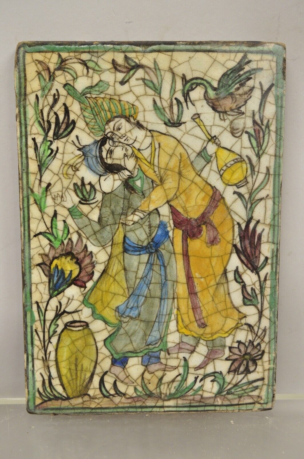 Antique Persian Iznik Qajar Style Ceramic Pottery Tile Green Man Lady Embrace C2