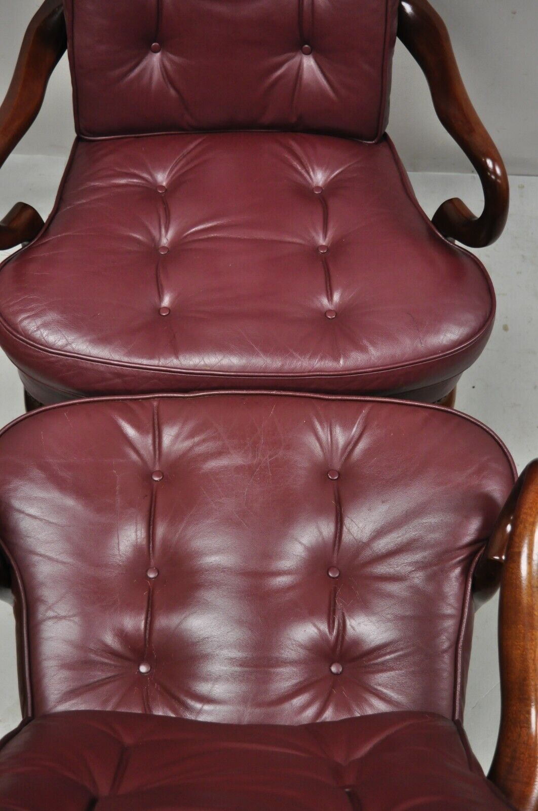 St Timothy Chair Co Burgundy Leather Queen Anne Library Office Arm Chairs - Pair