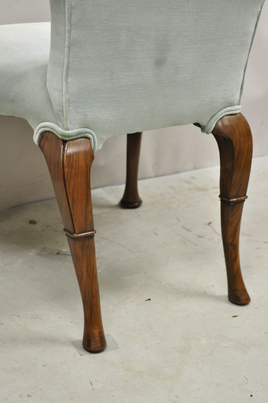 Vintage English Queen Anne Style Mahogany & Walnut Gooseneck Blue Arm Chair