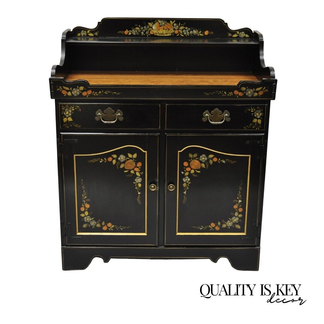 Ethan Allen Hitchcock Style Black Harvest Stencil Painted Drysink Server Cabinet