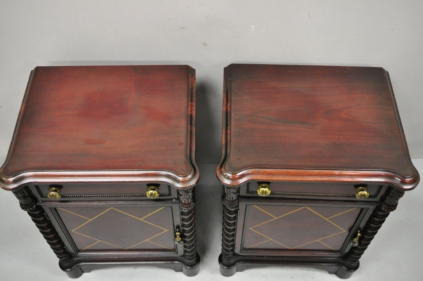 Vtg Mahogany Hollywood Regency Leather Door Nightstands Bedside Tables - a Pair