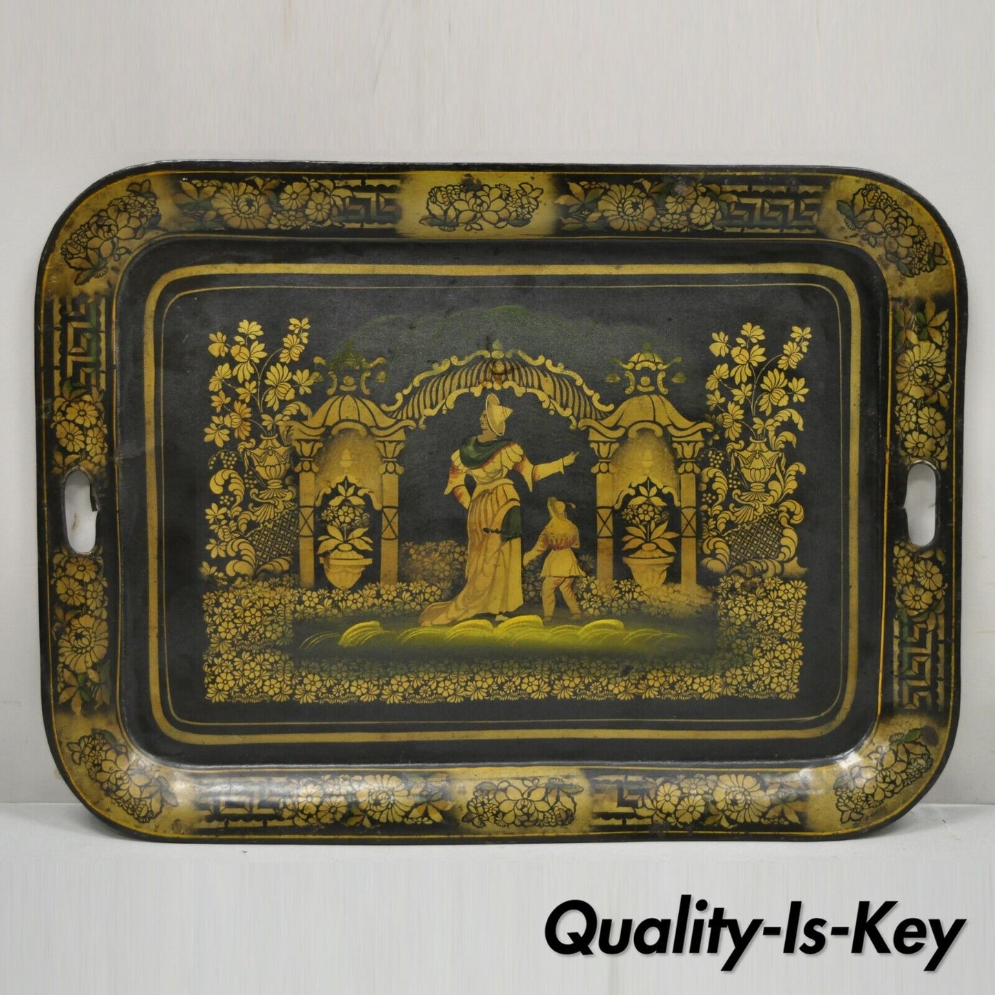 Antique French Country Tole Metal Black Gold 26" Garden Scene Platter Tray