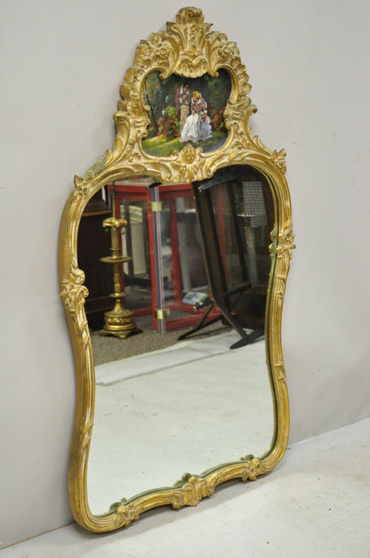 Vtg Gold Giltwood French Victorian Style Wall Mirror with Painted Courting Scene