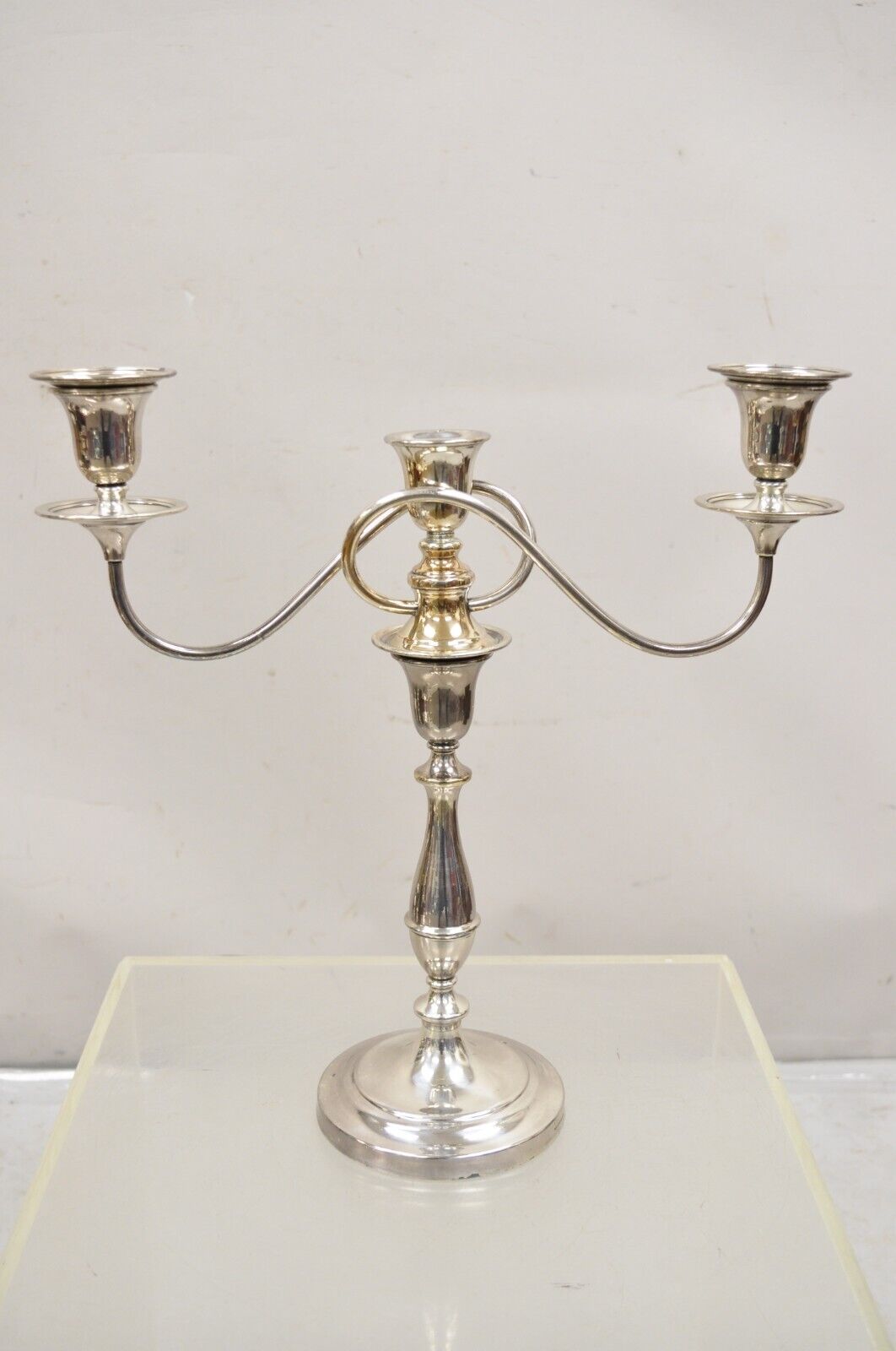 Vintage English Edwardian Silver Plated Scrolling Twin Arm Candelabra - Pair