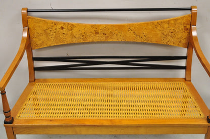 Vintage Italian Biedermeier X-Frame Burlwood Cane Seat Klismos Long Bench Settee