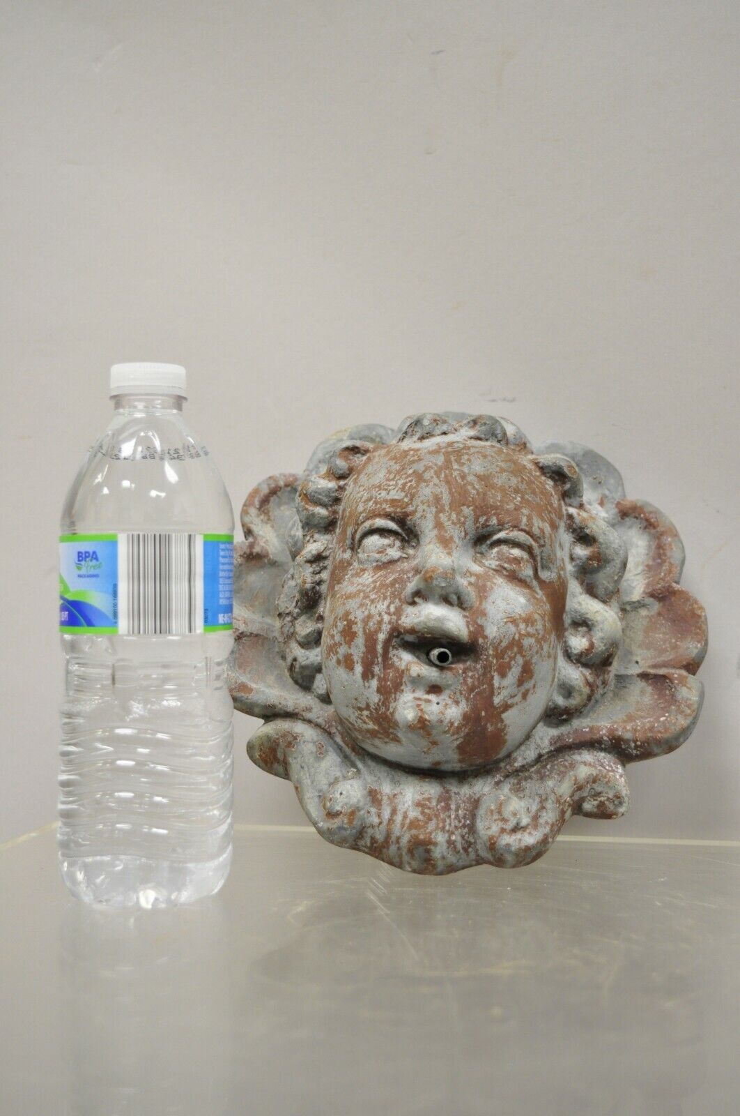 Antique French Neoclassical Small Lead Cherub Head Garden Wall Fountain