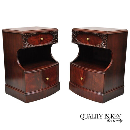 Pair Vtg Chinese Chippendale Flame Mahogany 2 Drawer Nightstands Bedside Tables