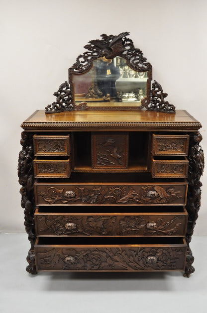 Japanese Art Nouveau Dragon Carved Dresser Cabinet, Chest of Drawers w/ Mirror