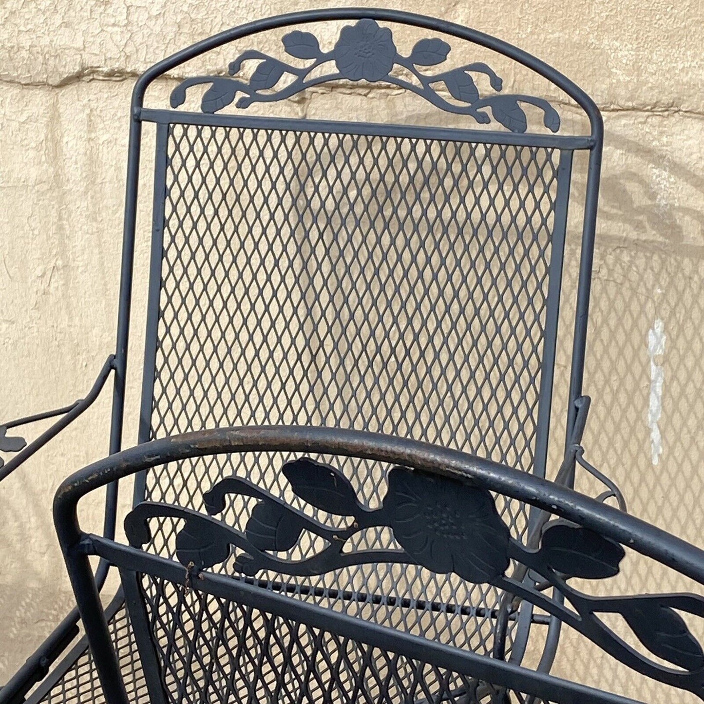 Vintage Woodard Wrought Iron Rose Pattern Springer Patio Arm Chairs - Set of 4