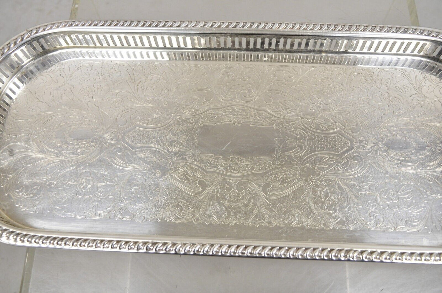 Vintage Regency Silver Plated Narrow Oval Serving Platter Tray with Gallery