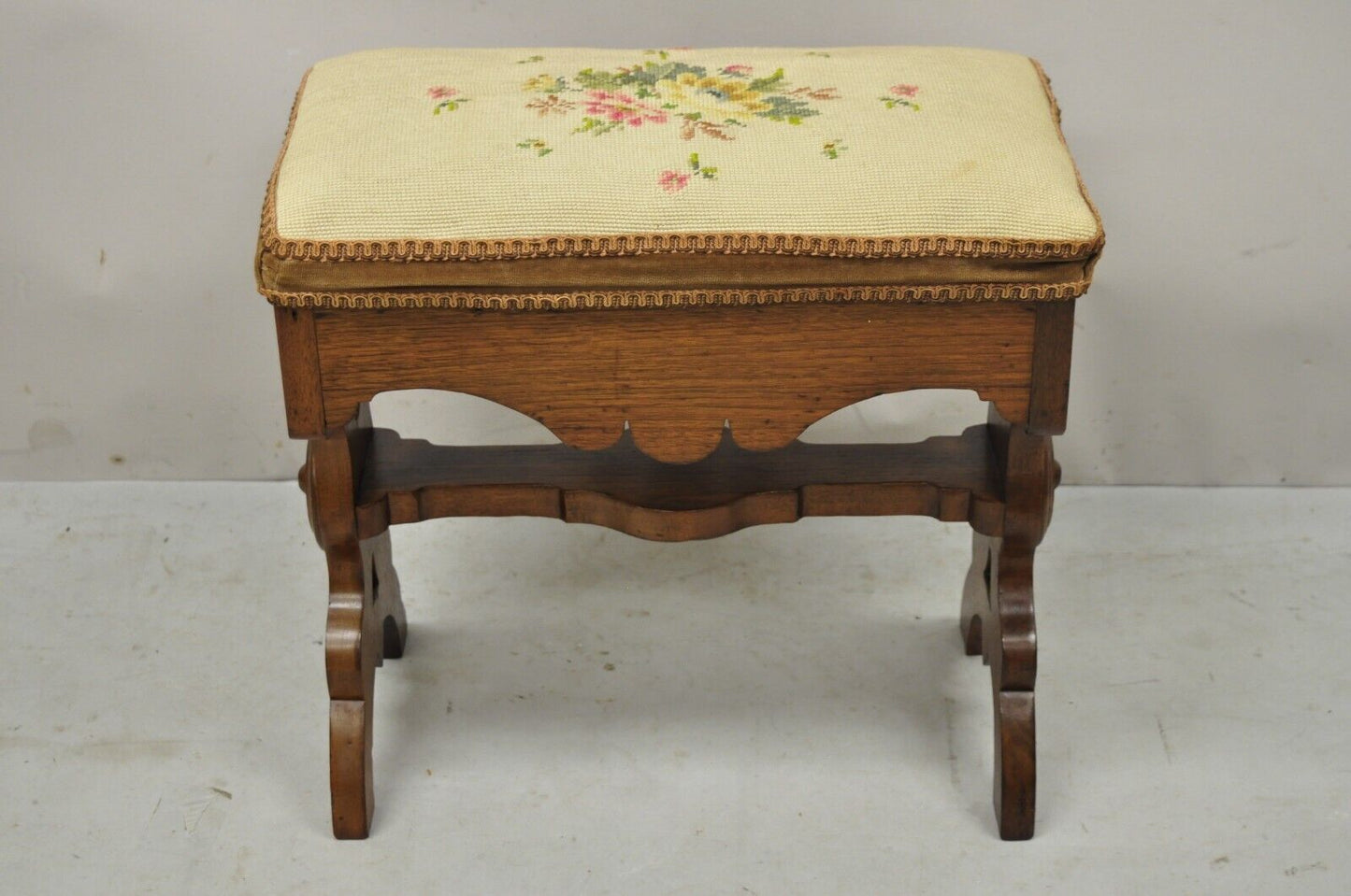 Antique Eastlake Victorian Carved Walnut Stool Bench with Needlepoint Seat