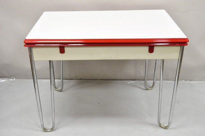 Antique Art Deco Red and White Porcelain Enamel 40” Extension Kitchen Table