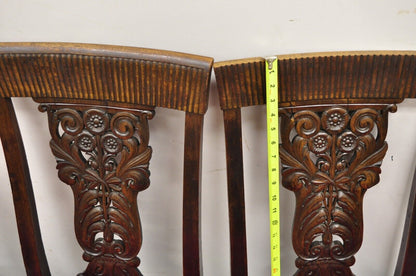 Antique Edwardian Floral Carved Mahogany Red Mohair Dining Chairs - Set of 4