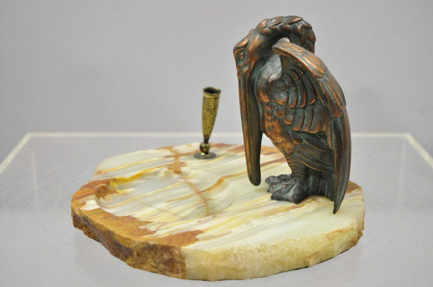 Antique Art Deco Onyx Marble Pelican Crane Bird Pen Holder Dish