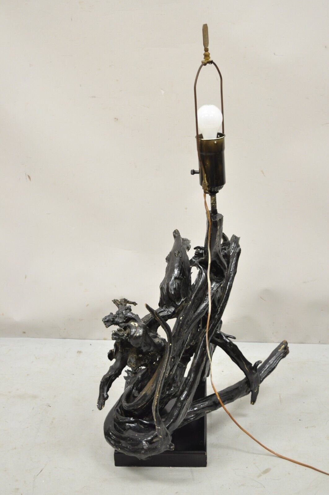 Vintage Driftwood Mid Century Modern Large Wooden Black Table Lamp