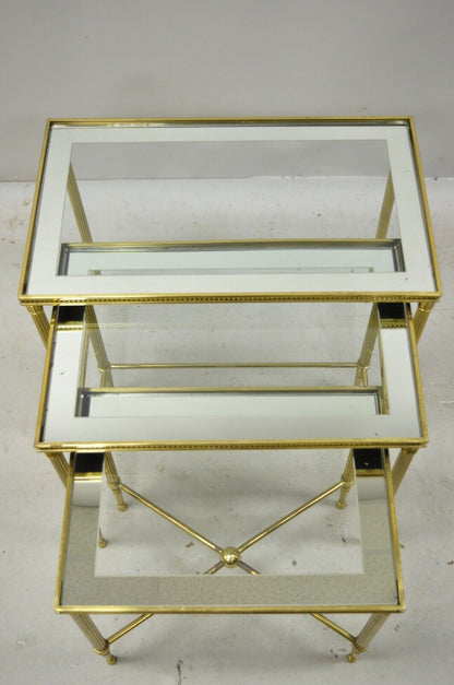 Brass Italian Hollywood Regency Side Nesting Tables Glass Top Tapered Legs Set 3