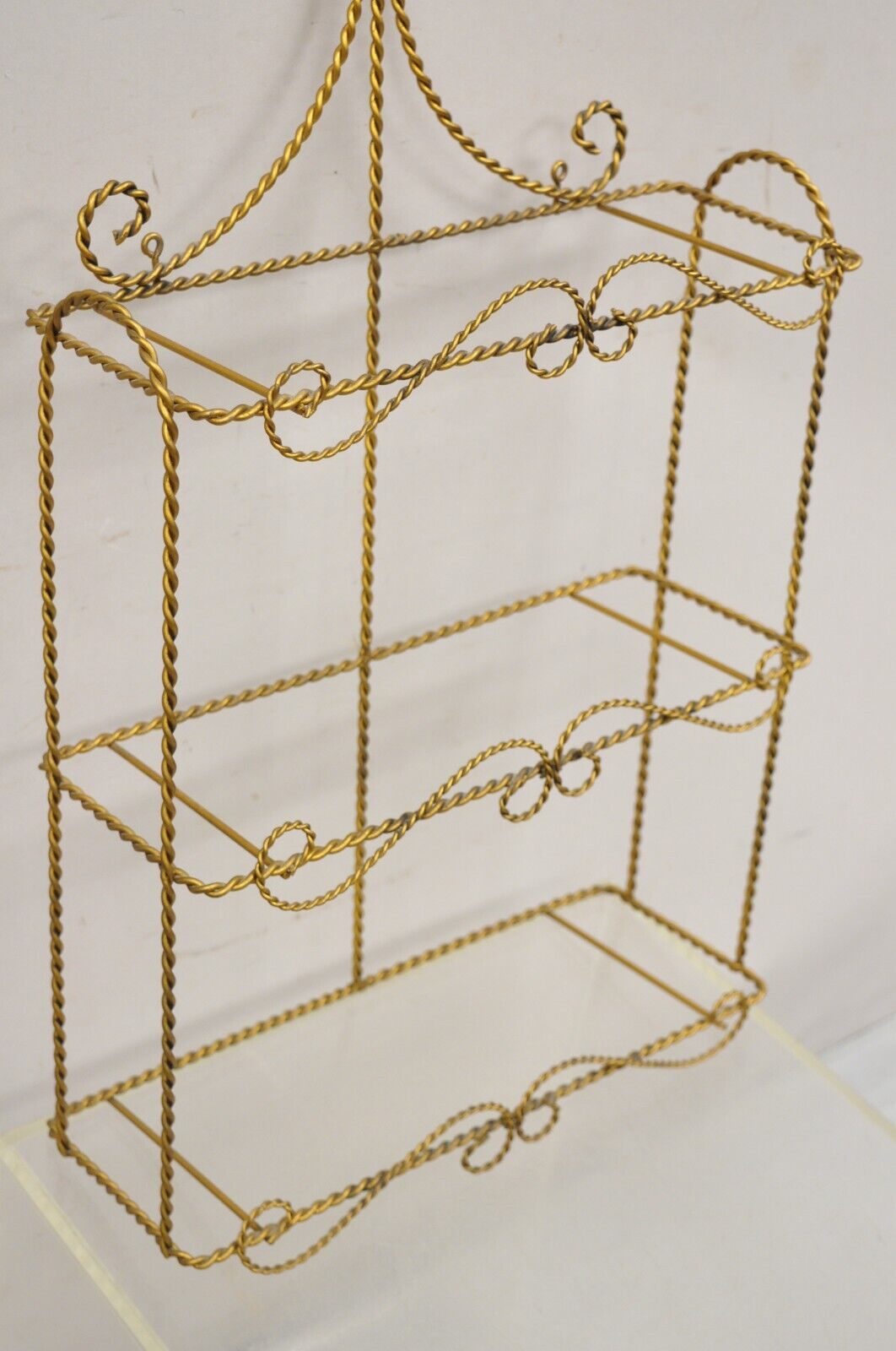 Vintage Gold Gilt Metal Hollywood Regency Scrolling Iron 3 Tier Small Wall Shelf