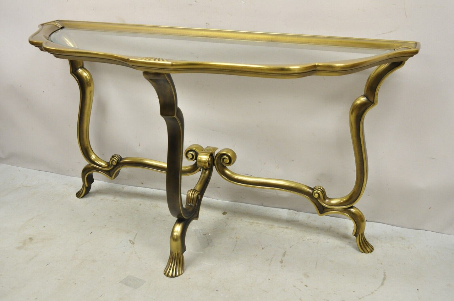 Vintage Italian Brass Hollywood Regency Glass Top Console Sofa Hall Table