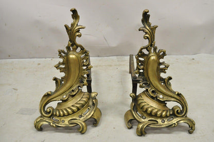 Antique French Rococo Baroque Style Brass Leafy Acanthus Andirons - a Pair