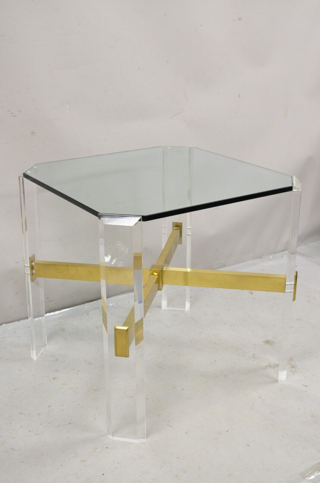 Mid Century Modern Lucite & Glass Top Occasional Side Table w Brass Stretcher