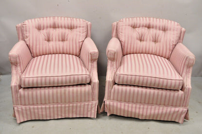 Pair Vintage Custom Pink Candy Stripe Upholstered Swivel Tilt Club Lounge Chairs