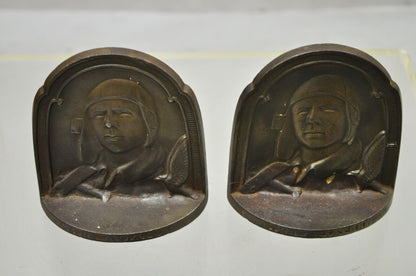 Vintage Charles Lindbergh Art Deco The Aviator 1929 Cast Iron Bookends - a Pair