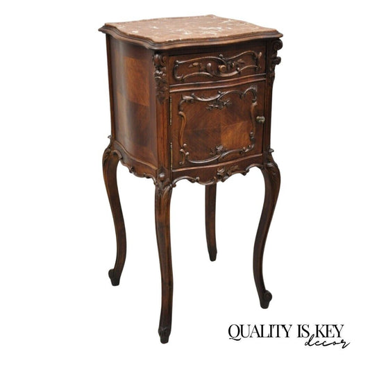 French Louis XV Style Carved Walnut Marble Top Porcelain Lined Nightstand