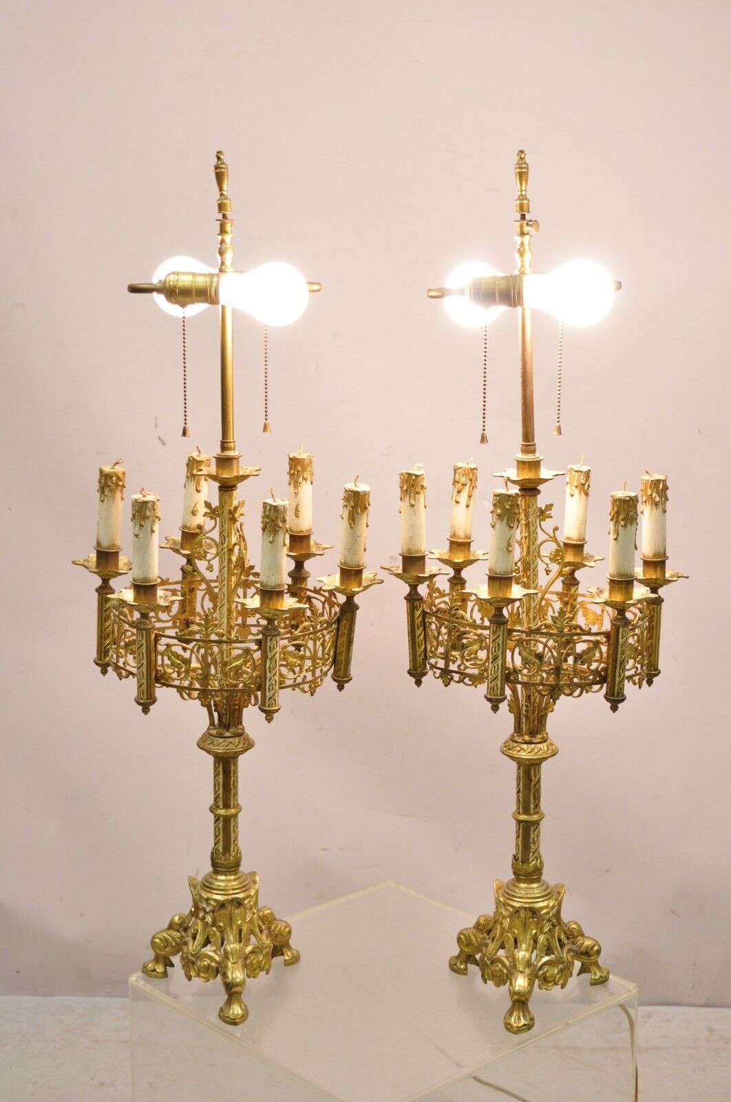 Antique Gothic Revival Gold Bronze Figural Candelabra Table Lamps - a Pair