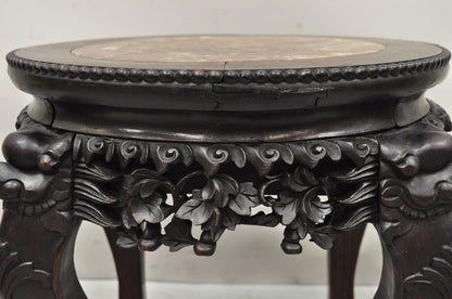 Antique Chinese Carved Hardwood Foo Dog Marble Top 18" Plant Stand Side Table