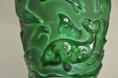 Vintage Art Deco Green Glass "Malachite" Bird and Fish Vessel Vase